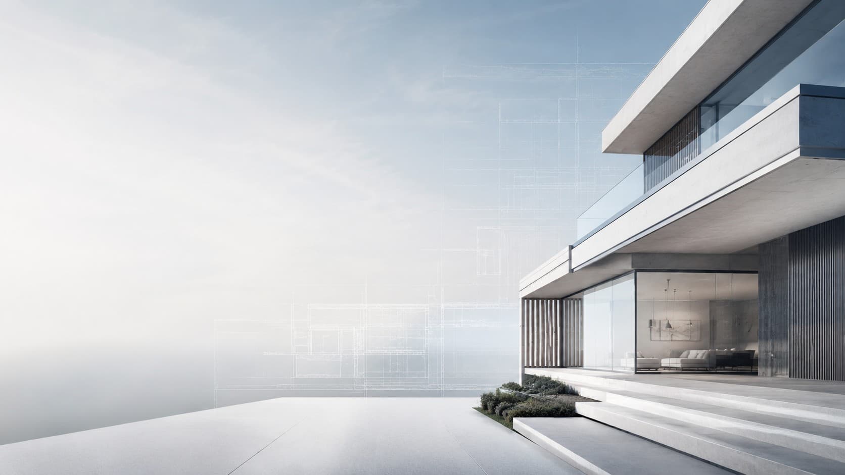 Moderne Architektur mit eingeblendeten Bauplan-Linien